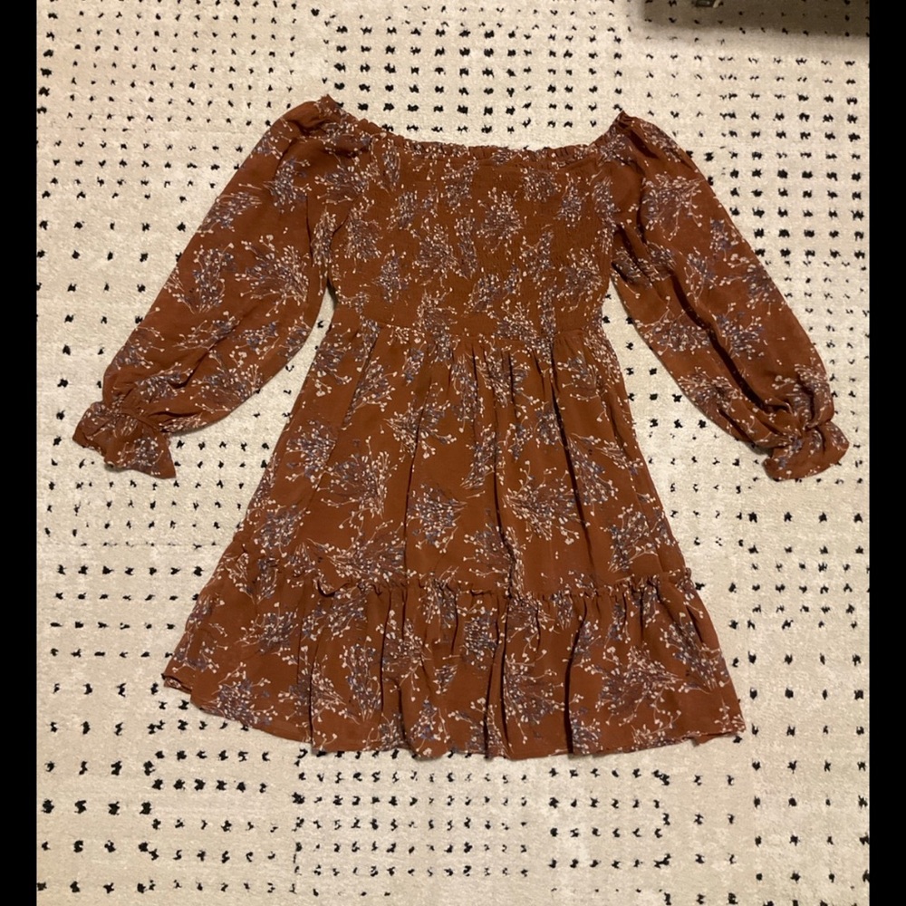 Promesa brown floral off shoulder smocked top long sleeve mini Dress, S